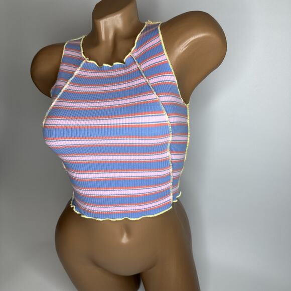 Y2K Indie ALT Pretty Garbage Size Small Ribbed Striped Lettuce Hem Crop Stretch - Picture 10 of 10